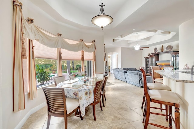 16211 Rosecroft Ter, Delray Beach, FL 33446 - dining room with arched walkways, a ceiling fan, light tile patterned floors, and coffered ceiling