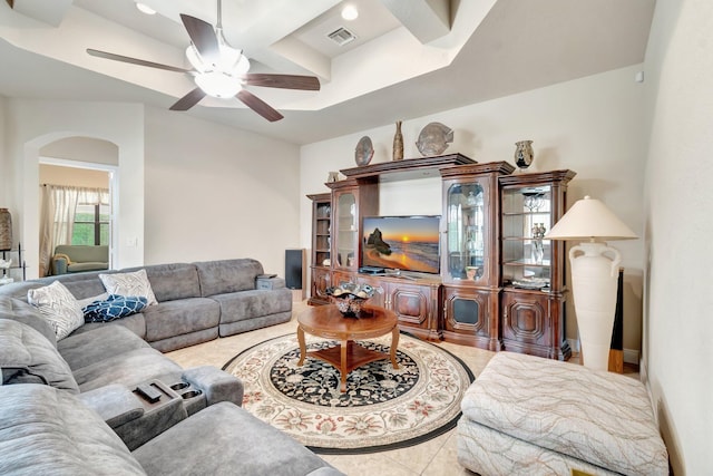 16211 Rosecroft Ter, Delray Beach, FL 33446 - living area featuring a ceiling fan, visible vents, arched walkways, light tile patterned floors, and coffered ceiling