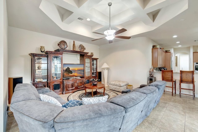 16211 Rosecroft Ter, Delray Beach, FL 33446 - living area with visible vents, arched walkways, coffered ceiling, and ceiling fan