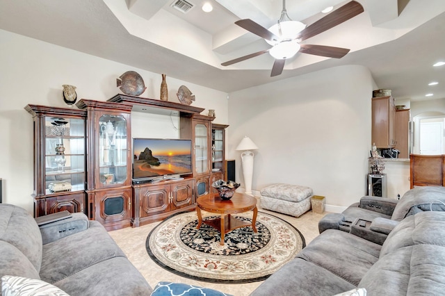 16211 Rosecroft Ter, Delray Beach, FL 33446 - living area with visible vents, recessed lighting, arched walkways, a tray ceiling, and a ceiling fan