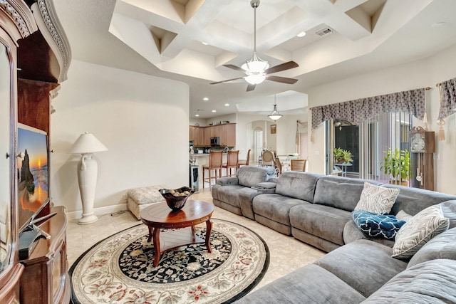 16211 Rosecroft Ter, Delray Beach, FL 33446 - living room with light tile patterned flooring, a ceiling fan, recessed lighting, and coffered ceiling
