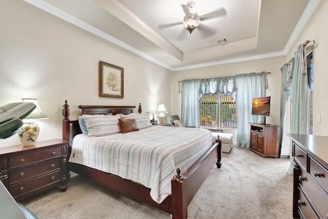 16211 Rosecroft Ter, Delray Beach, FL 33446 - bedroom featuring visible vents, crown molding, light carpet, a tray ceiling, and a ceiling fan