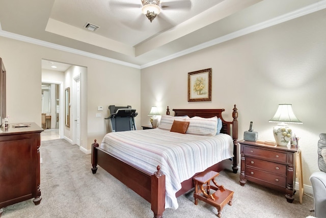 16211 Rosecroft Ter, Delray Beach, FL 33446 - bedroom featuring visible vents, baseboards, light colored carpet, a tray ceiling, and a ceiling fan