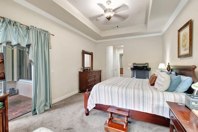 16211 Rosecroft Ter, Delray Beach, FL 33446 - carpeted bedroom featuring crown molding, ceiling fan, a raised ceiling, baseboards, and visible vents