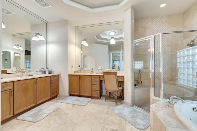 16211 Rosecroft Ter, Delray Beach, FL 33446 - bathroom featuring a tray ceiling, visible vents, and a stall shower