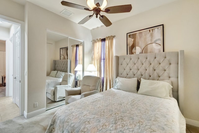 16211 Rosecroft Ter, Delray Beach, FL 33446 - bedroom with ceiling fan, light colored carpet, baseboards, visible vents, and a closet