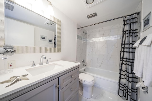 bathroom with visible vents, vanity, toilet, marble finish floor, and shower / bathtub combination with curtain