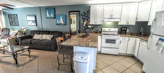 kitchen featuring a sink, under cabinet range hood, a peninsula, white appliances, and open floor plan