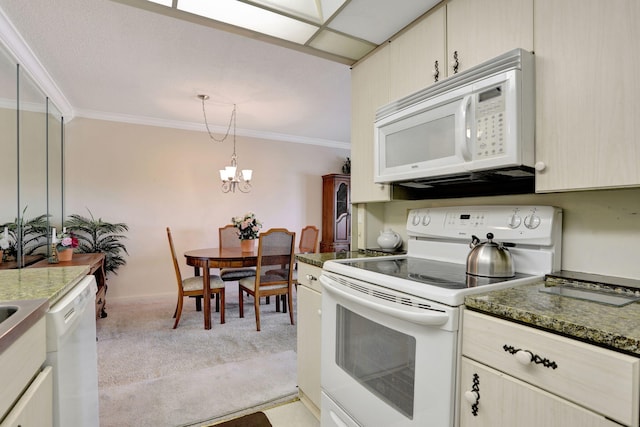 432 Grantham Unit B, Deerfield Beach, FL 33442 - kitchen featuring white appliances, light colored carpet, a chandelier, ornamental molding, and pendant lighting