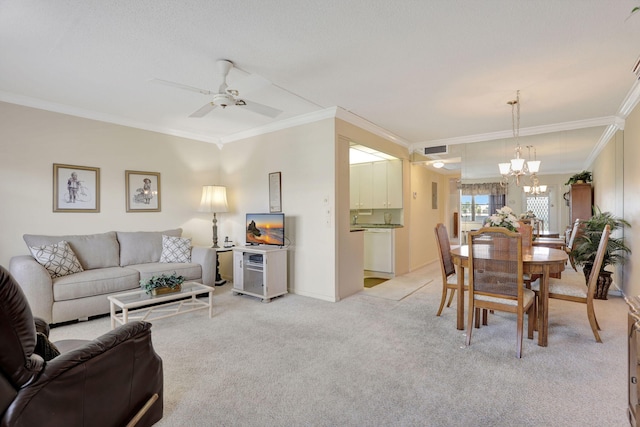 432 Grantham Unit B, Deerfield Beach, FL 33442 - living room with ornamental molding, a chandelier, light colored carpet, and ceiling fan