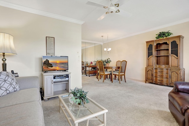 432 Grantham Unit B, Deerfield Beach, FL 33442 - living area with crown molding, light colored carpet, a chandelier, and a ceiling fan