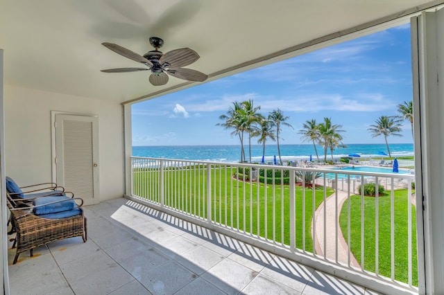 3101 S Ocean Blvd Unit 220, Highland Beach, FL 33487 - balcony featuring a ceiling fan and view of water and beach