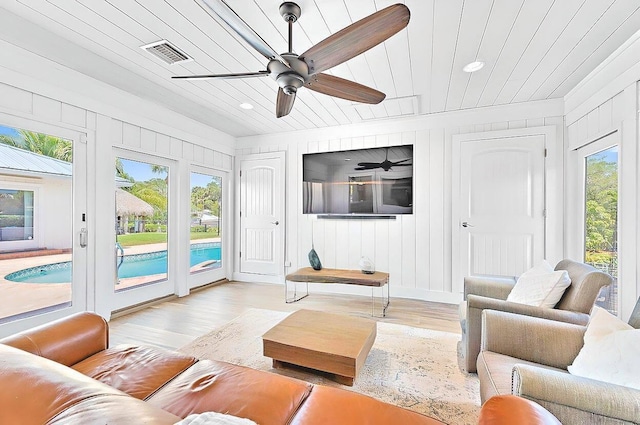 940 Turner Quay, Jupiter, FL 33458 - living room featuring a ceiling fan, visible vents, wooden ceiling, light wood finished floors, and recessed lighting