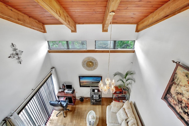living area featuring wood ceiling, beam ceiling, hardwood / wood-style flooring, and a notable chandelier