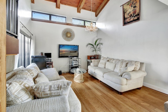 living room with high vaulted ceiling, wooden ceiling, wood finished floors, and a chandelier