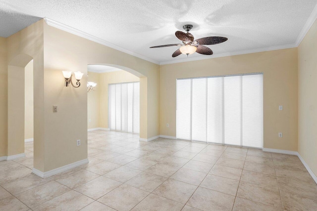 3211 Tuscany Way, Boynton Beach, FL 33435 - empty room with arched walkways, crown molding, ceiling fan, a textured ceiling, and a chandelier