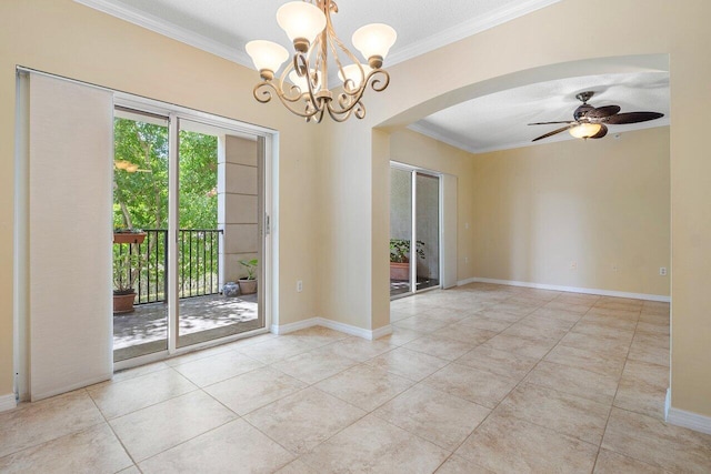3211 Tuscany Way, Boynton Beach, FL 33435 - unfurnished room featuring arched walkways, crown molding, a chandelier, tile patterned floors, and a ceiling fan