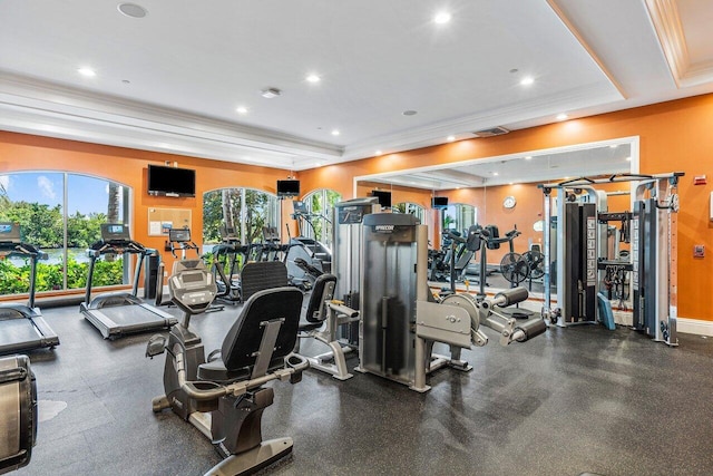 3211 Tuscany Way, Boynton Beach, FL 33435 - gym featuring ornamental molding, recessed lighting, and baseboards