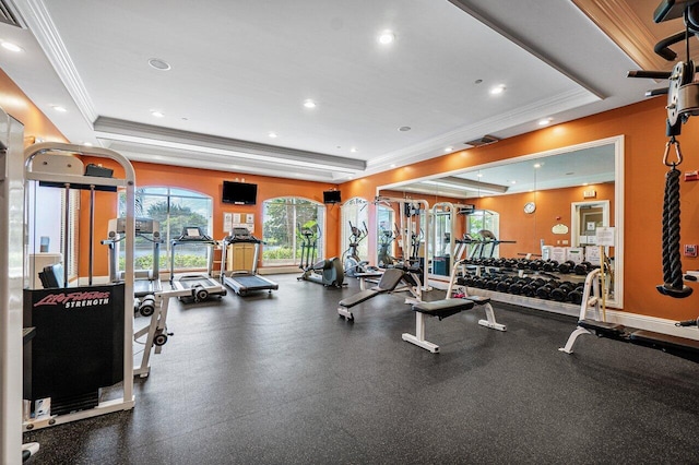 3211 Tuscany Way, Boynton Beach, FL 33435 - gym with ornamental molding, a tray ceiling, and recessed lighting