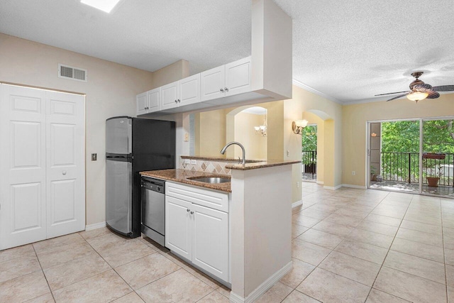 3211 Tuscany Way, Boynton Beach, FL 33435 - kitchen with a sink, stainless steel appliances, arched walkways, stone counters, and a ceiling fan