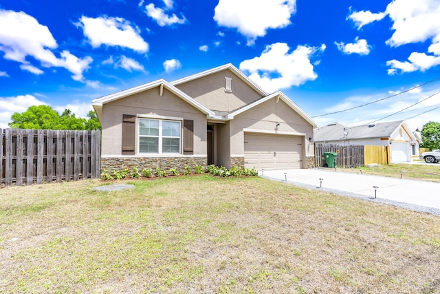 551 SW Lairo Ave, Port Saint Lucie, FL 34953 - ranch-style house with stucco siding, driveway, stone siding, an attached garage, and fence