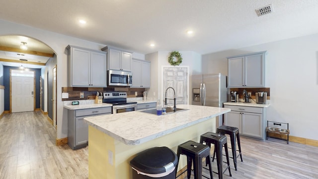 551 SW Lairo Ave, Port Saint Lucie, FL 34953 - kitchen featuring gray cabinetry, a sink, stainless steel appliances, and visible vents