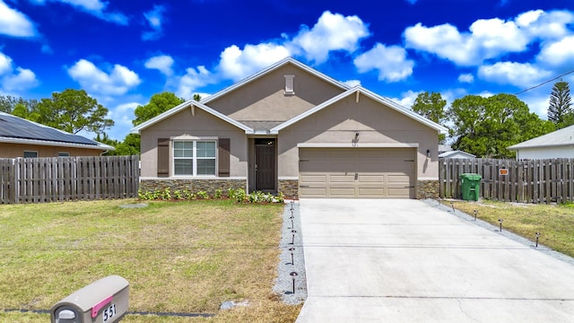 551 SW Lairo Ave, Port Saint Lucie, FL 34953 - ranch-style house with a front yard, stone siding, stucco siding, and a garage