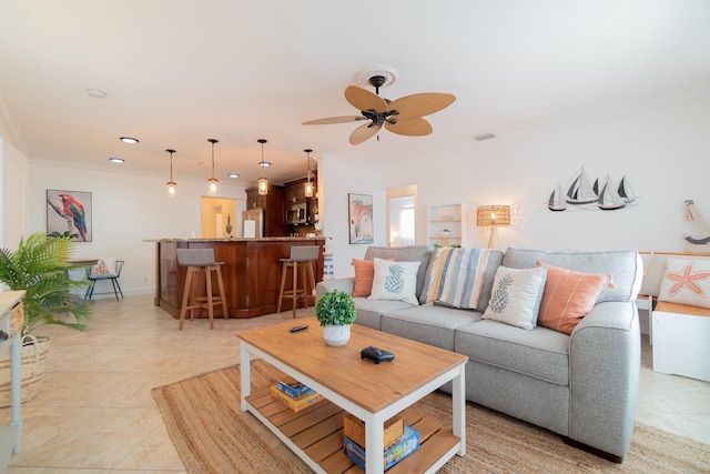 951 Green St, West Palm Beach, FL 33405 - living room with crown molding, a ceiling fan, light tile patterned flooring, and recessed lighting