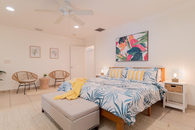 951 Green St, West Palm Beach, FL 33405 - bedroom featuring crown molding, light tile patterned floors, recessed lighting, baseboards, and a ceiling fan
