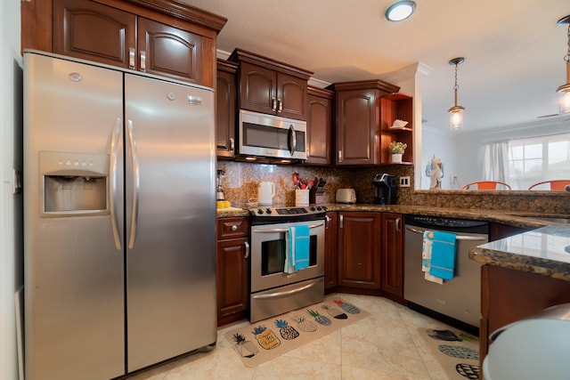 951 Green St, West Palm Beach, FL 33405 - kitchen with appliances with stainless steel finishes, dark stone counters, decorative backsplash, open shelves, and light tile patterned floors