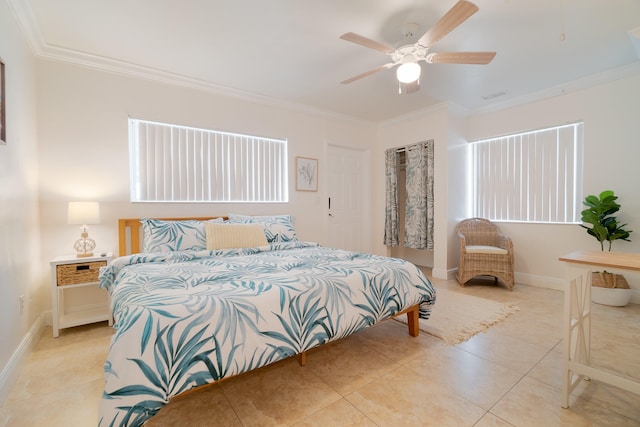 951 Green St, West Palm Beach, FL 33405 - bedroom featuring ornamental molding, light tile patterned floors, baseboards, and ceiling fan