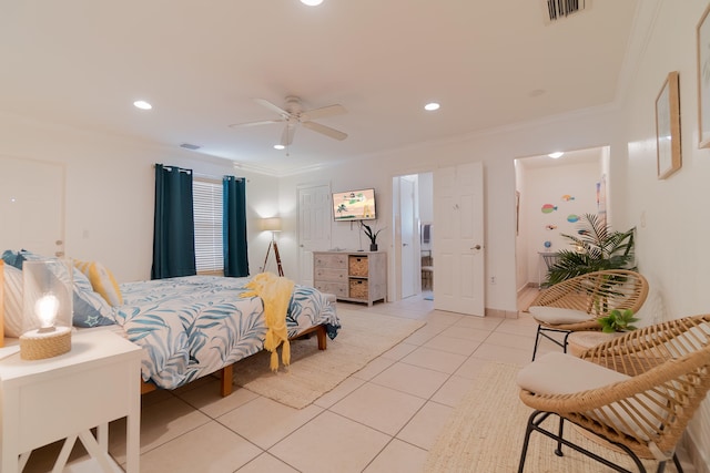 951 Green St, West Palm Beach, FL 33405 - bedroom featuring light tile patterned flooring, recessed lighting, ornamental molding, and ceiling fan