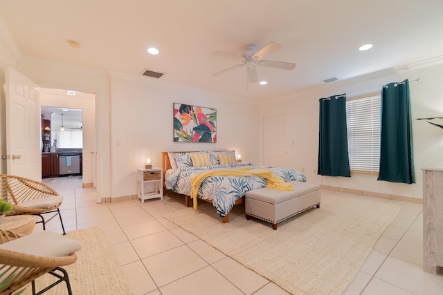 951 Green St, West Palm Beach, FL 33405 - bedroom featuring light tile patterned flooring, crown molding, a ceiling fan, recessed lighting, and baseboards