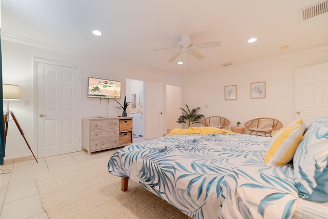 951 Green St, West Palm Beach, FL 33405 - bedroom with crown molding, light tile patterned floors, ceiling fan, and recessed lighting