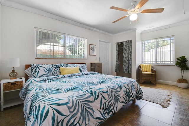 951 Green St, West Palm Beach, FL 33405 - bedroom with ornamental molding, tile patterned floors, ceiling fan, and baseboards