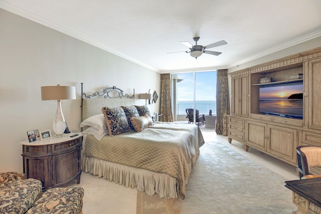 3740 S Ocean Blvd Unit 1602, Highland Beach, FL 33487 - bedroom featuring crown molding, access to exterior, ceiling fan, expansive windows, and light tile patterned floors