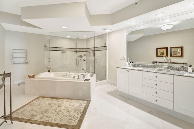 3740 S Ocean Blvd Unit 1602, Highland Beach, FL 33487 - full bathroom featuring double vanity, a bath, a stall shower, baseboards, and ornamental molding