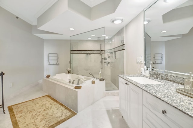 3740 S Ocean Blvd Unit 1602, Highland Beach, FL 33487 - bathroom featuring recessed lighting, a shower stall, a garden tub, and vanity