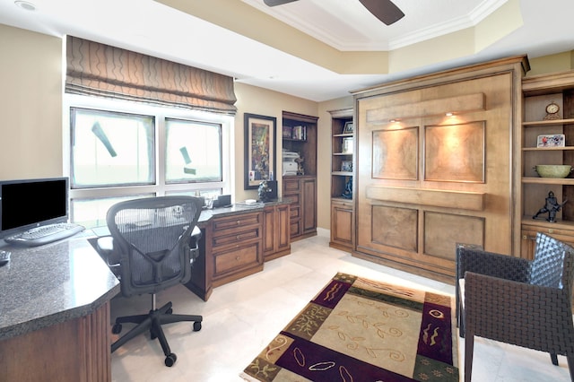 3740 S Ocean Blvd Unit 1602, Highland Beach, FL 33487 - office area with ornamental molding, a raised ceiling, a healthy amount of sunlight, and built in shelves
