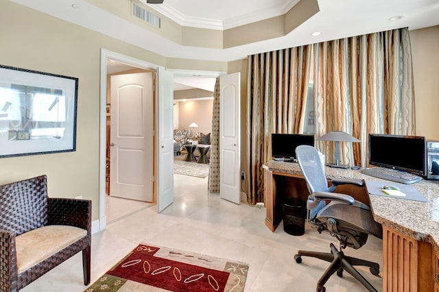 3740 S Ocean Blvd Unit 1602, Highland Beach, FL 33487 - office space with visible vents, ornamental molding, baseboards, recessed lighting, and a raised ceiling