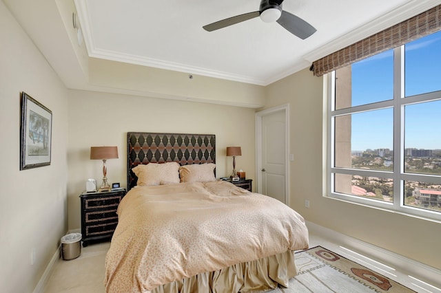 3740 S Ocean Blvd Unit 1602, Highland Beach, FL 33487 - carpeted bedroom with baseboards, ceiling fan, multiple windows, and ornamental molding