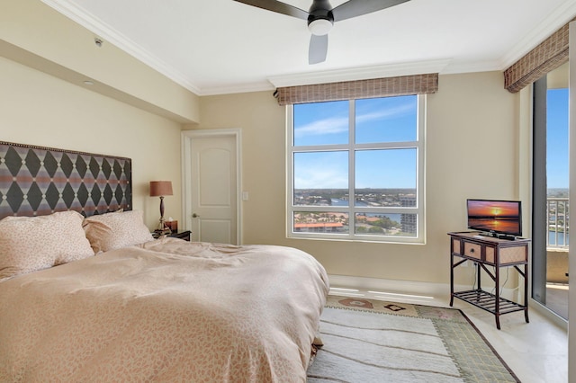 3740 S Ocean Blvd Unit 1602, Highland Beach, FL 33487 - bedroom with baseboards, ornamental molding, and a ceiling fan