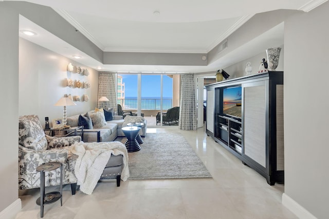 3740 S Ocean Blvd Unit 1602, Highland Beach, FL 33487 - living room with baseboards, a wall of windows, and ornamental molding