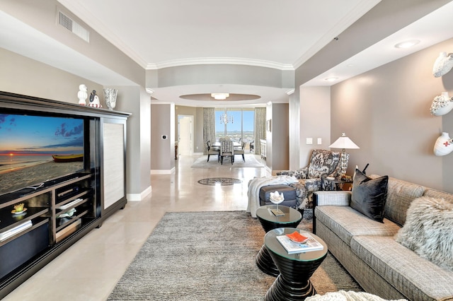 3740 S Ocean Blvd Unit 1602, Highland Beach, FL 33487 - living room featuring visible vents, ornamental molding, and baseboards