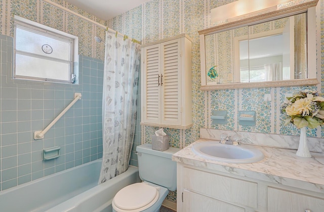 1695 Roy Dr, West Palm Beach, FL 33415 - bathroom with wallpapered walls, shower / bathtub combination with curtain, toilet, and vanity