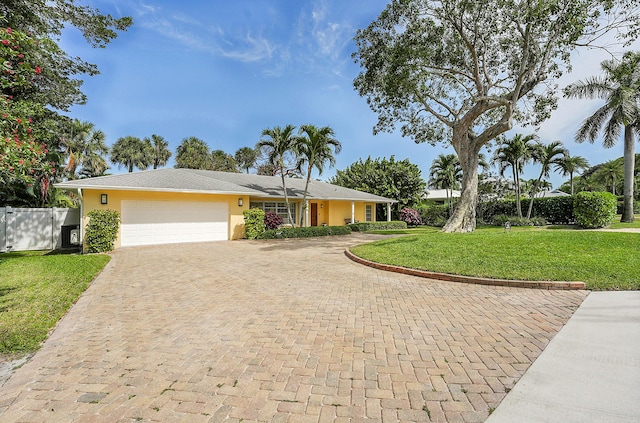 single story home featuring fence, an attached garage, stucco siding, a front yard, and decorative driveway