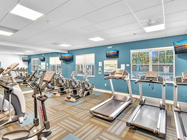 exercise room featuring carpet floors, baseboards, and a drop ceiling