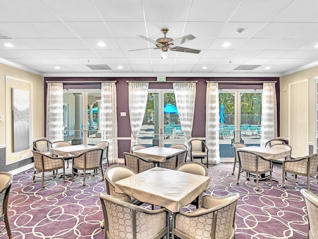 dining area with recessed lighting, ornamental molding, baseboards, and ceiling fan