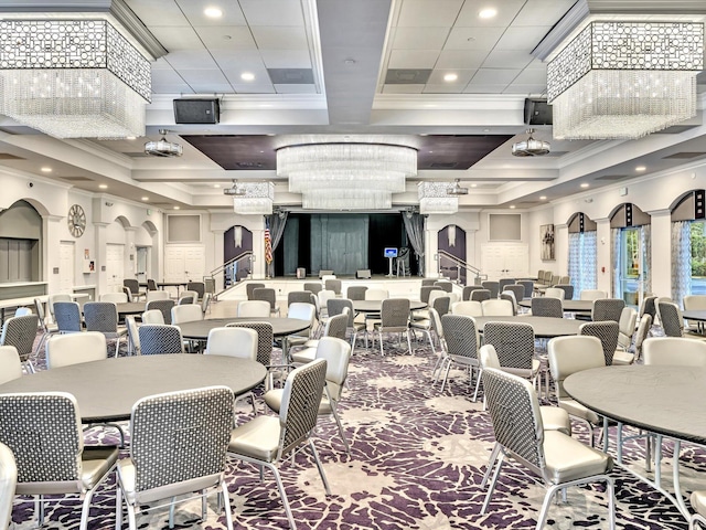 dining area featuring carpet flooring, recessed lighting, arched walkways, and ornamental molding