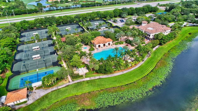 bird's eye view featuring a residential view and a water view